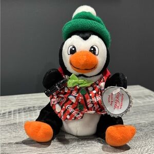 Penguin in Striped Coca Cola Vest - Coca Cola Collectable Bean Bag Plush Toy